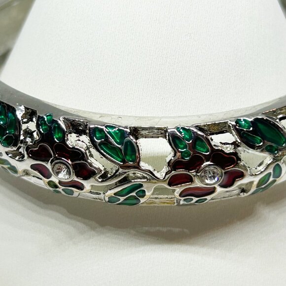 Hinged Bangle Bracelet w Green & Red Enamel Floral Accents & Clear Crystals - Picture 3 of 7
